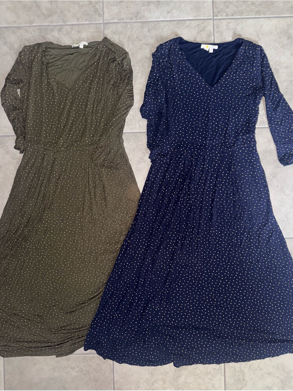 Boden Olive Green and Navy Blue Polka Dot V‑Neck Dresses